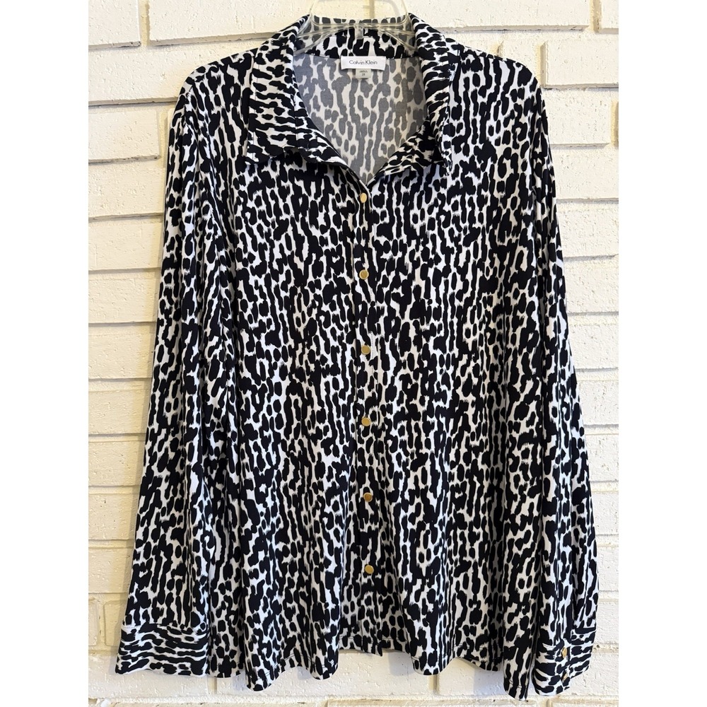 Calvin Klein Black White Animal Print Button Up Shirt Long Sleeve Stretch Sz. 2X